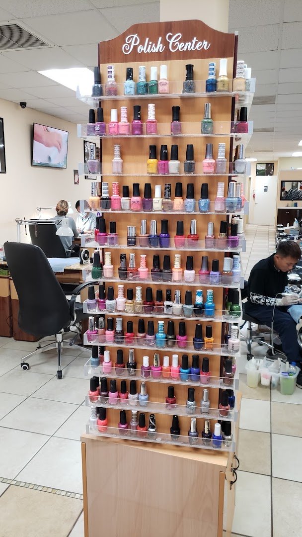 Neat manicure station with polish bottles.