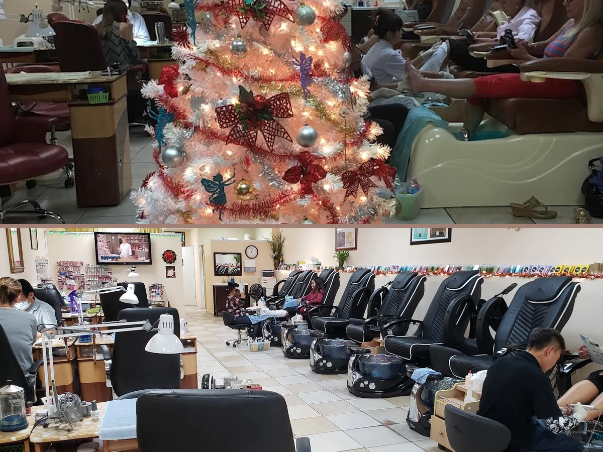 Nail salon interior with bright work surfaces.